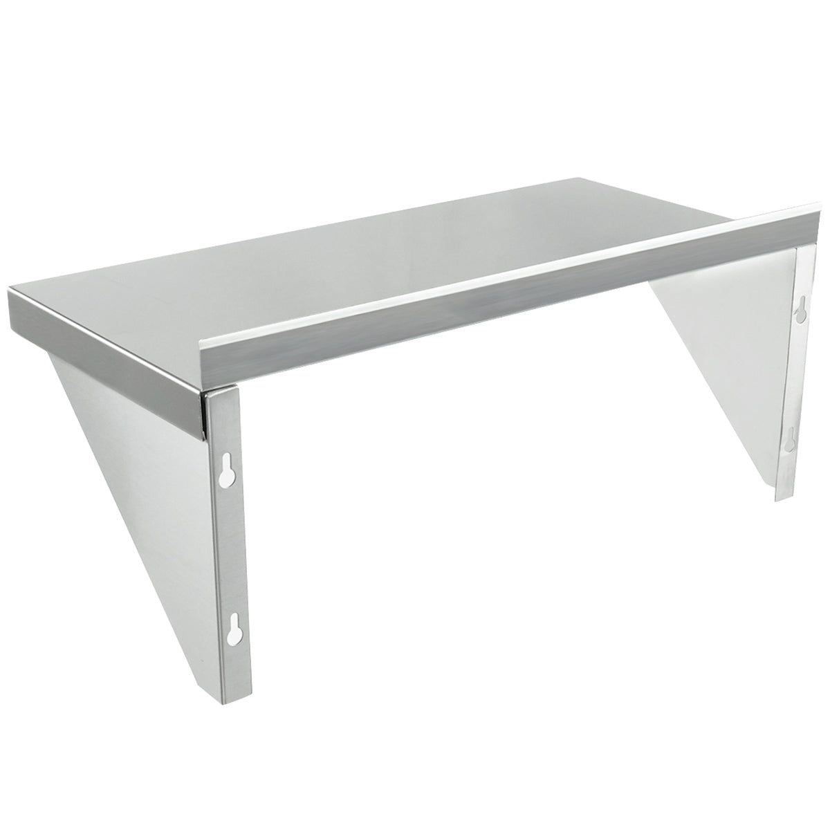 A stainless steel wall mount storage shelf with a flat rectangular surface and two triangular side brackets for support. The NSF-rated design is simple and modern, featuring clean, sharp edges with sturdy keyhole slots for easy mounting.