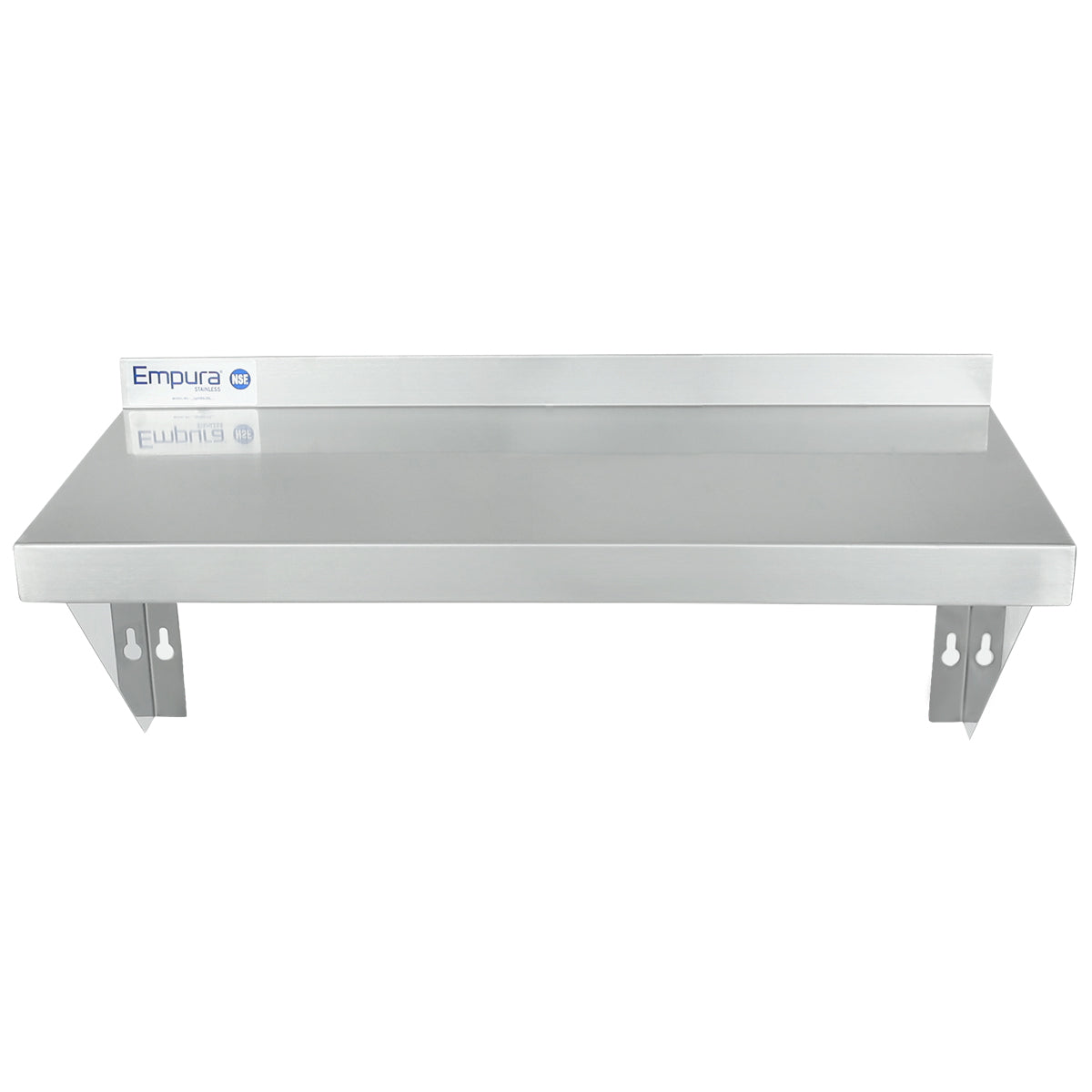 A stainless steel shelf by Empura, NSF certified, features a flat surface, short backsplash, and sturdy brackets. This wall mount storage shelf is ideal for commercial or kitchen use, with the brand label on the left side of the backsplash.