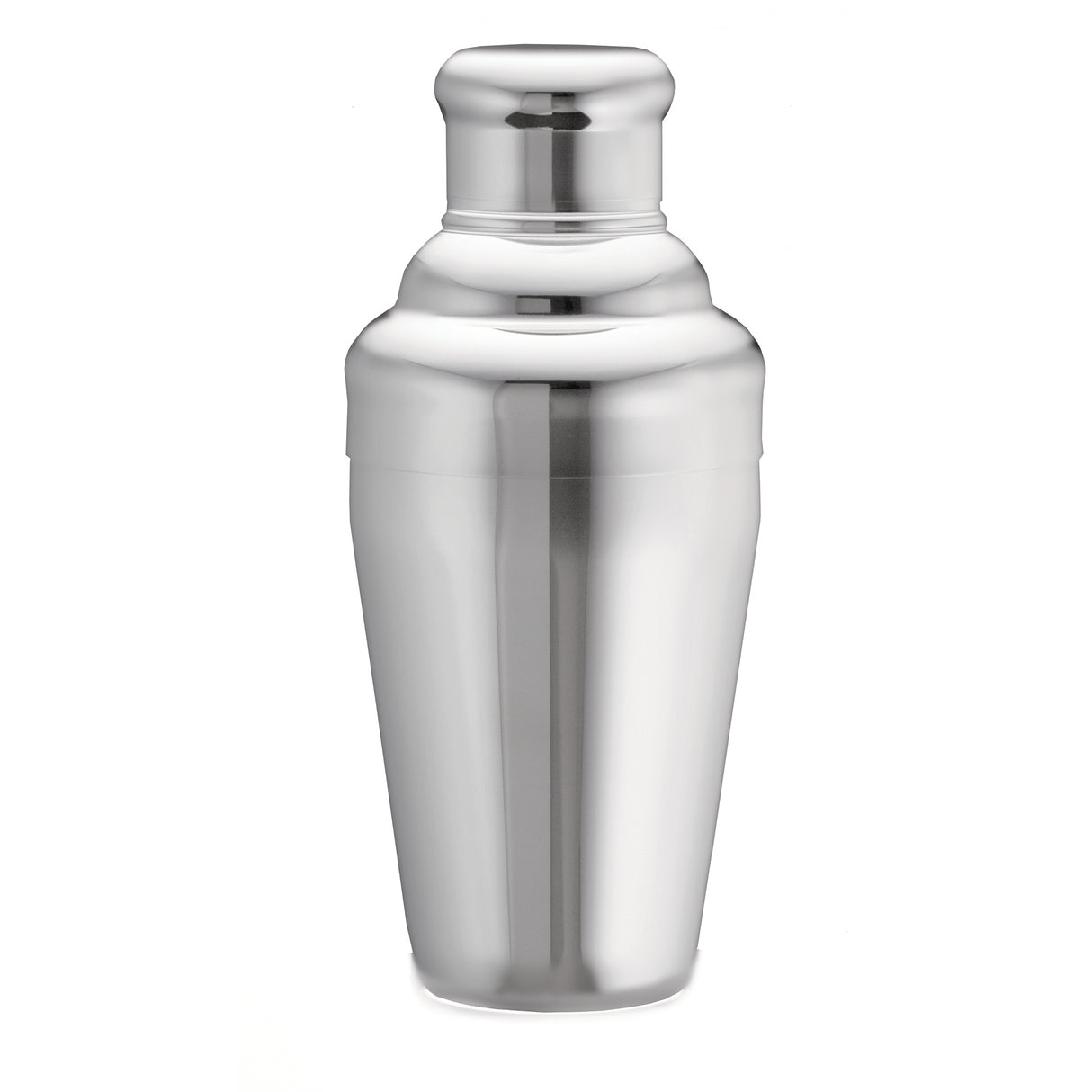 A shiny stainless steel cocktail shaker with a smooth, reflective surface sits upright on a white background. This classic bar shaker set features a rounded cap and slightly tapered body, and is dishwasher safe for easy cleanup.