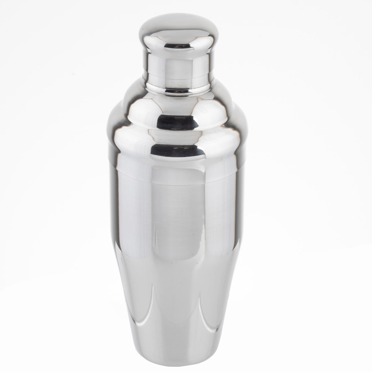 A shiny stainless steel cocktail shaker with a rounded cap sits upright on a white background. Part of a premium bar shaker set, it features a smooth, reflective surface and classic, tapered shape with subtle curves.