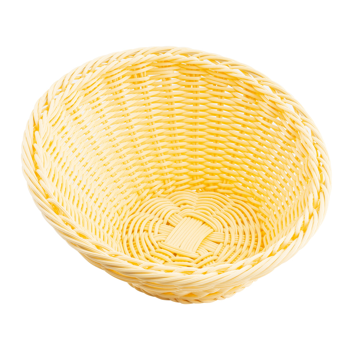 A round, empty handwoven basket is shown against a white background. The basket has a tightly woven pattern with a slightly flared rim and a natural light beige color. Its texture and pattern are clearly visible.