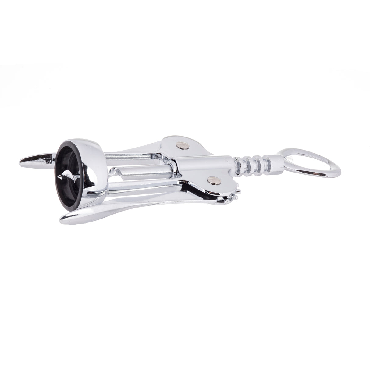 A TableCraft Winged Corkscrew with a shiny silver finish lies on its side against a white background. Its spiral and circular handle are visible, along with two gear-like arms splayed outward. Hand wash only for best care.