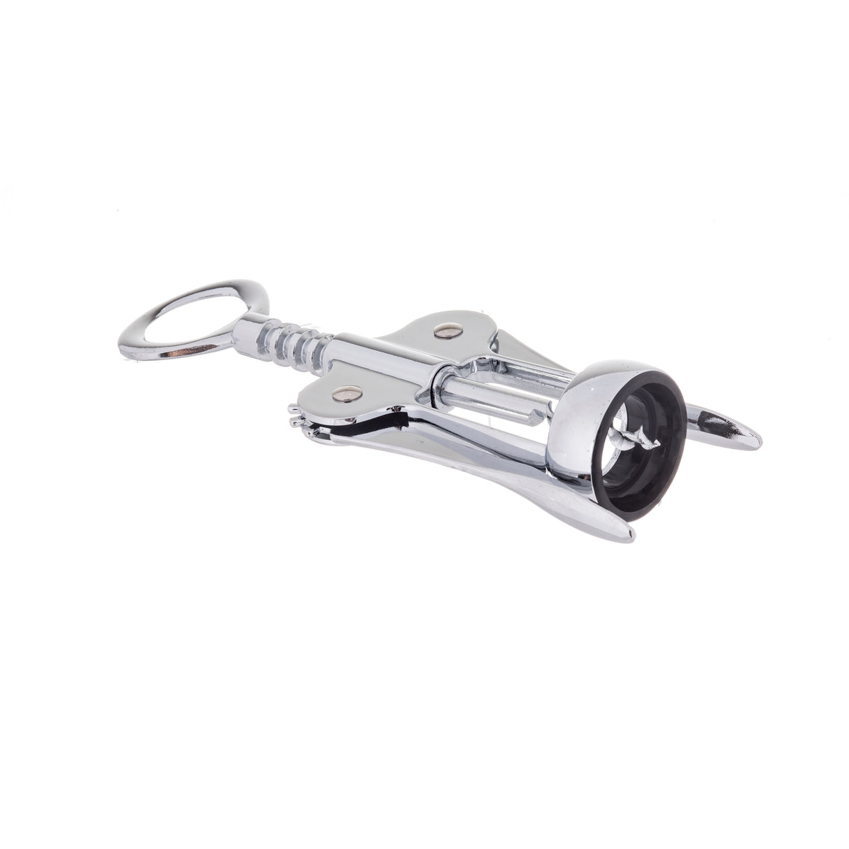 A shiny metal TableCraft Winged Corkscrew with a loop handle, spiral screw, and two curved lever arms lies horizontally on a white background. The corkscrew’s wings and handle are open, showing its mechanism clearly. Hand wash only.