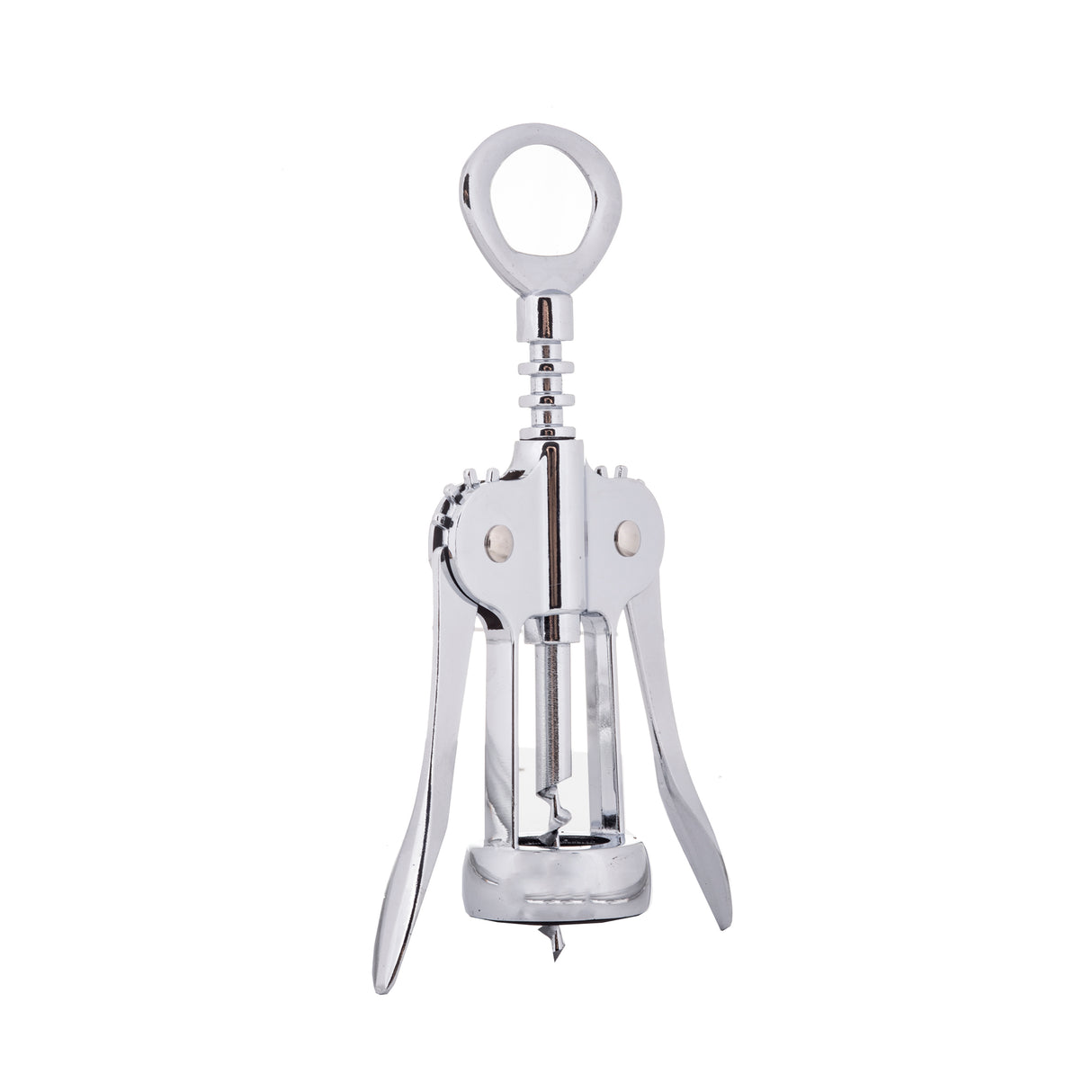 A silver metal Winged Corkscrew by TableCraft is shown upright against a white background. Featuring a circular handle, central spiral screw, and two lever arms like wings, this tool is hand wash only.