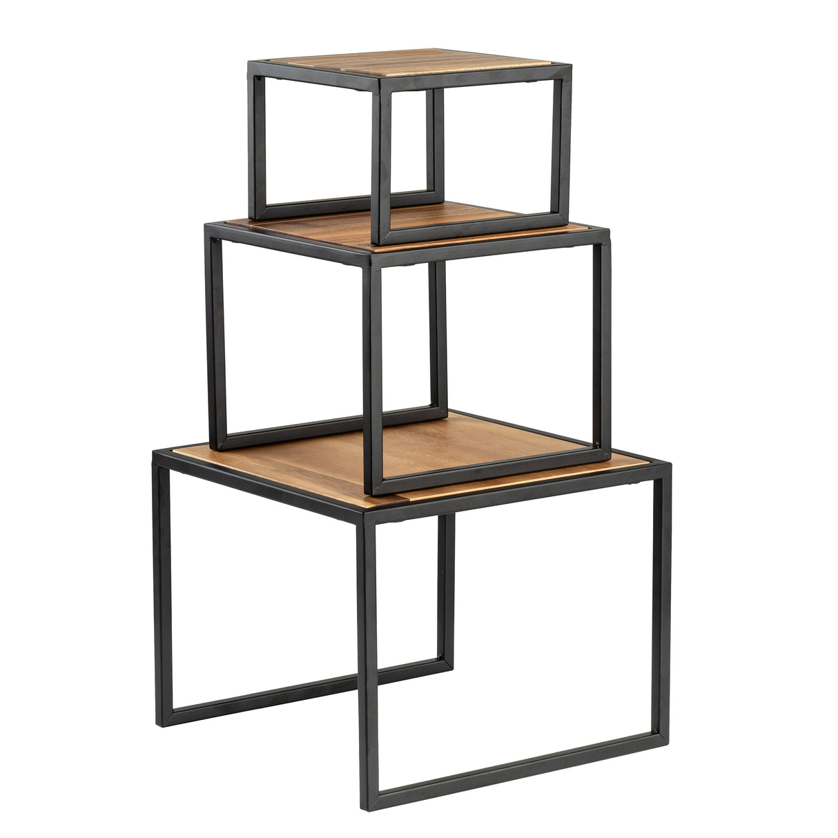 Three square nesting tables are stacked like risers. Each features a black powder coated steel frame and an acacia wood top. Graduating in size, they form a stepped pyramid for a modern minimalist look.