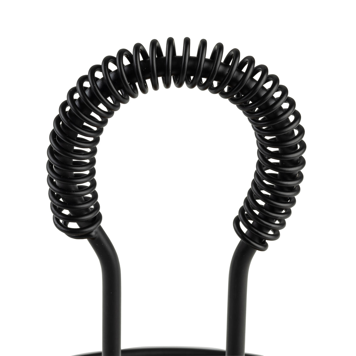 Close-up of a black metal object, resembling the arch on a rotating tabletop caddy, with two vertical rods joined by a tightly wound curly coil against a white background. The spring-like coil forms an evenly spaced, symmetrical design.