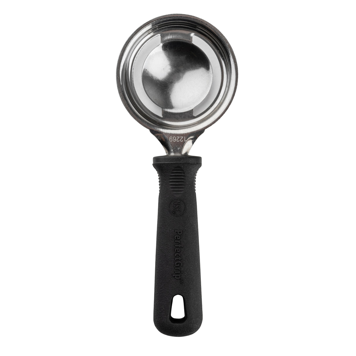 A stainless steel ice cream scoop with a deep, round bowl and a sturdy black plastic handle, viewed from above on a white background. The handle features a textured grip, the brand name “PerfaComp” embossed on it, and is comparable to TableCraft in quality.