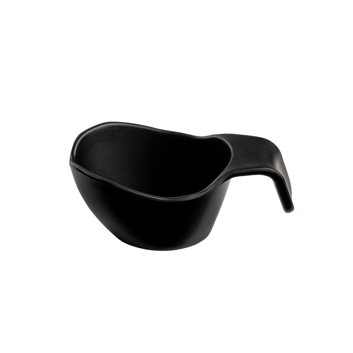 A black, matte-finish melamine scoop-shaped bowl with a wide opening, rounded sides, and an extended, ergonomic handle that curves downward. This modern, minimalist sauce boat is set against a plain white background.