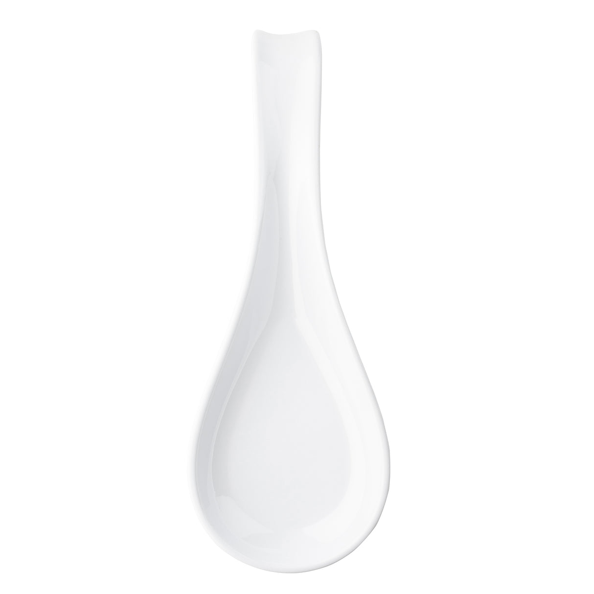 A white TableCraft spoon rest with a glossy finish, featuring a wide, rounded bowl and a long, slightly curved handle. Photographed from above on a white background, it highlights the smooth and simple design.