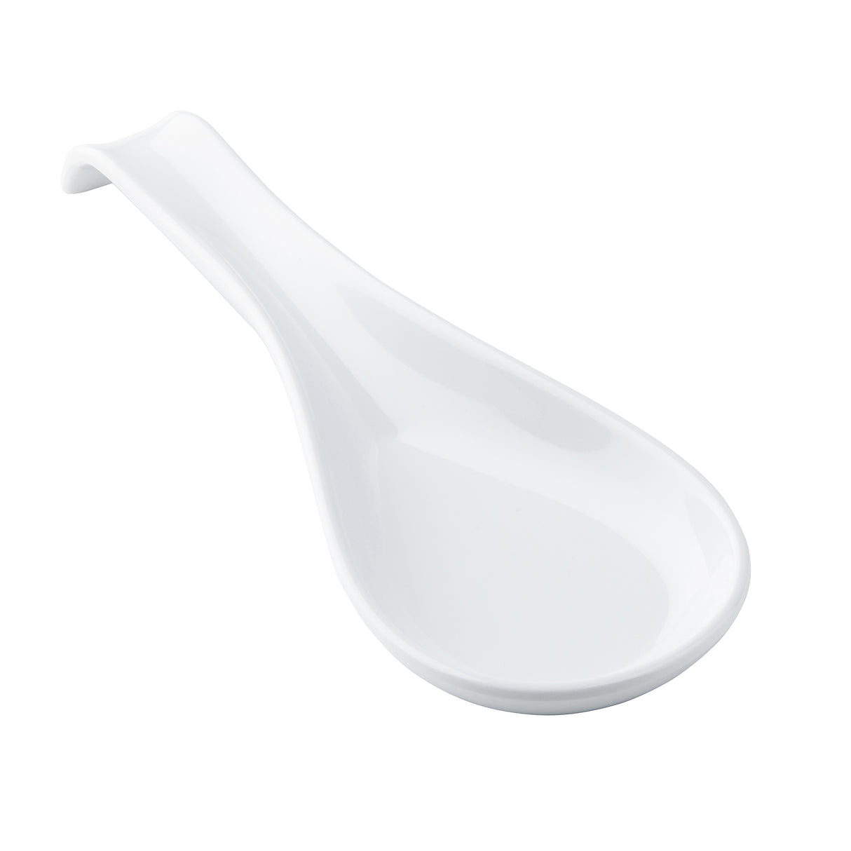 A glossy white porcelain Chinese-style soup spoon with a wide, shallow bowl and a slightly curved handle rests elegantly on a TableCraft spoon rest, set against a plain white background.