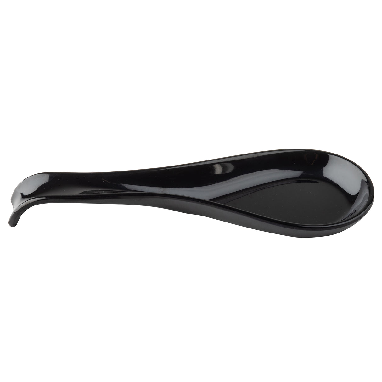 A glossy black Spoon Rest by TableCraft with a curved, elongated shape and a shallow central depression to hold utensils. The smooth, reflective surface and raised back edge prevent slipping, making it a sleek addition to your kitchen.