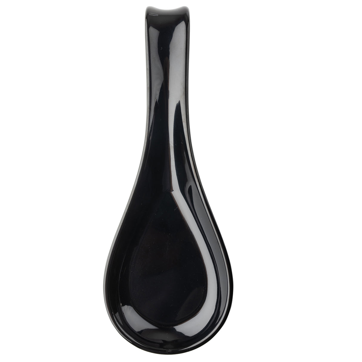 A glossy black TableCraft soup spoon made of durable melamine, with a wide, shallow bowl and short, curved handle. Its smooth, reflective surface shows highlights and gentle curves, photographed on a white background.