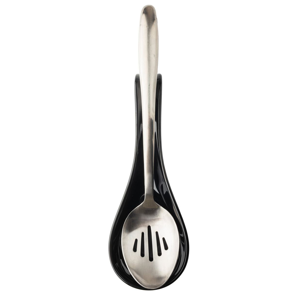 A stainless steel slotted spoon rests in a glossy black melamine TableCraft Spoon Rest, both items seen from above on a white background. The centered handle and slots in the spoon’s bowl are neatly cradled by the holder.