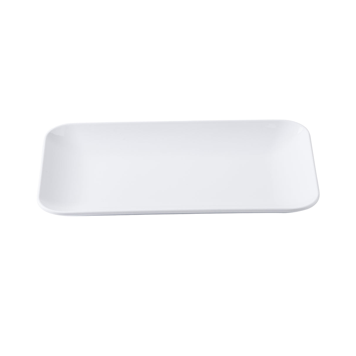 A plain, rectangular serving platter with slightly rounded corners and a smooth, white surface is shown on a white background. Minimalist in style, this plate offers a versatile option for any modern table setting.