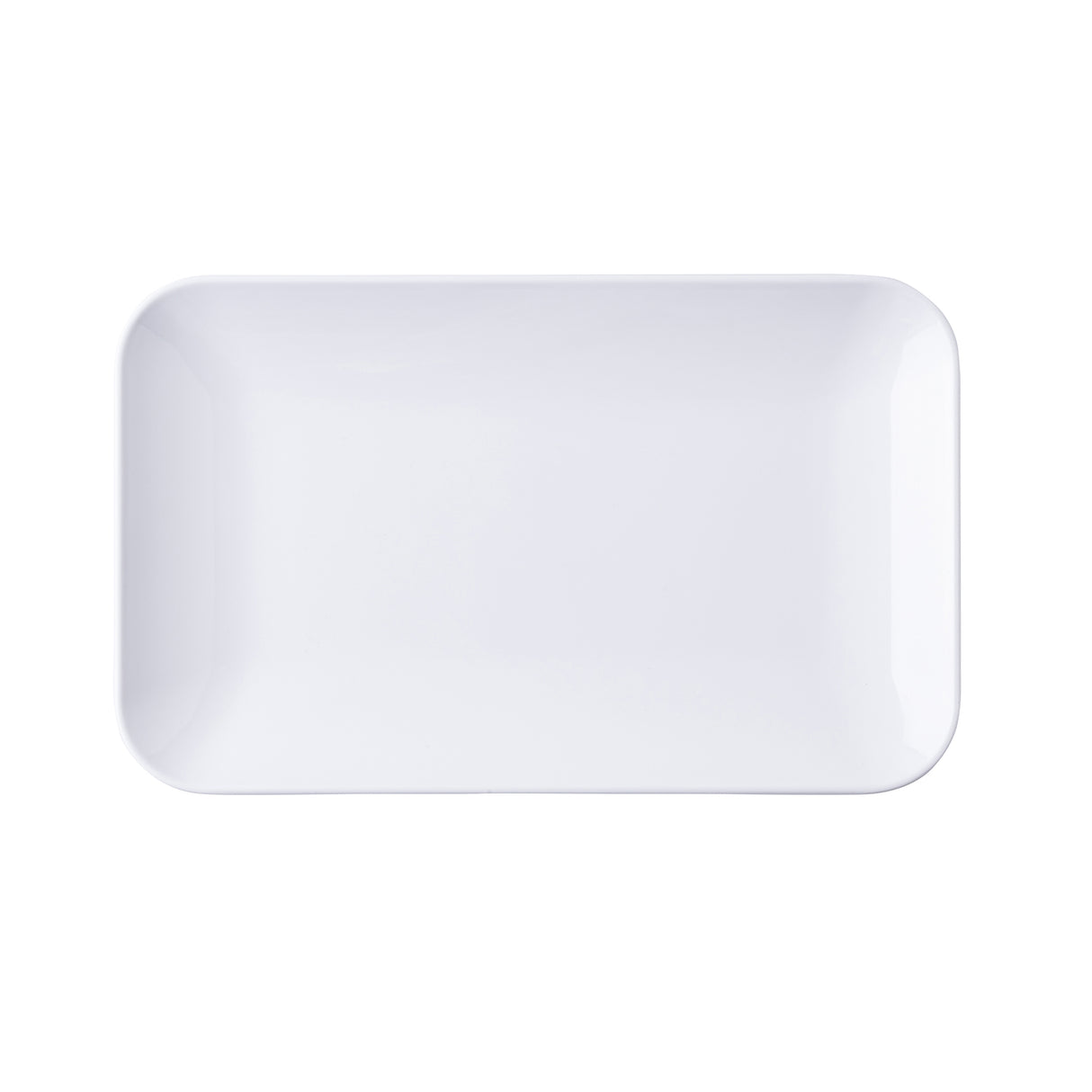 A plain, empty rectangular serving platter with slightly rounded edges is photographed from above on a white background. The plate has a smooth, glossy finish, typical of a melamine serving platter, and no visible patterns or decorations.
