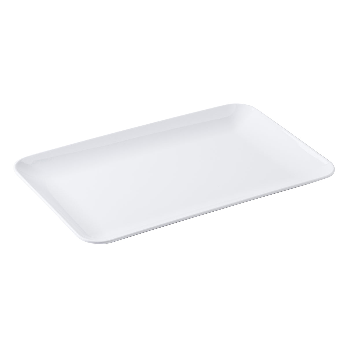 A plain, rectangular, white melamine platter with slightly raised, rounded edges is shown on a white background. The platter is empty and unadorned, featuring a glossy finish with no patterns or decorations.