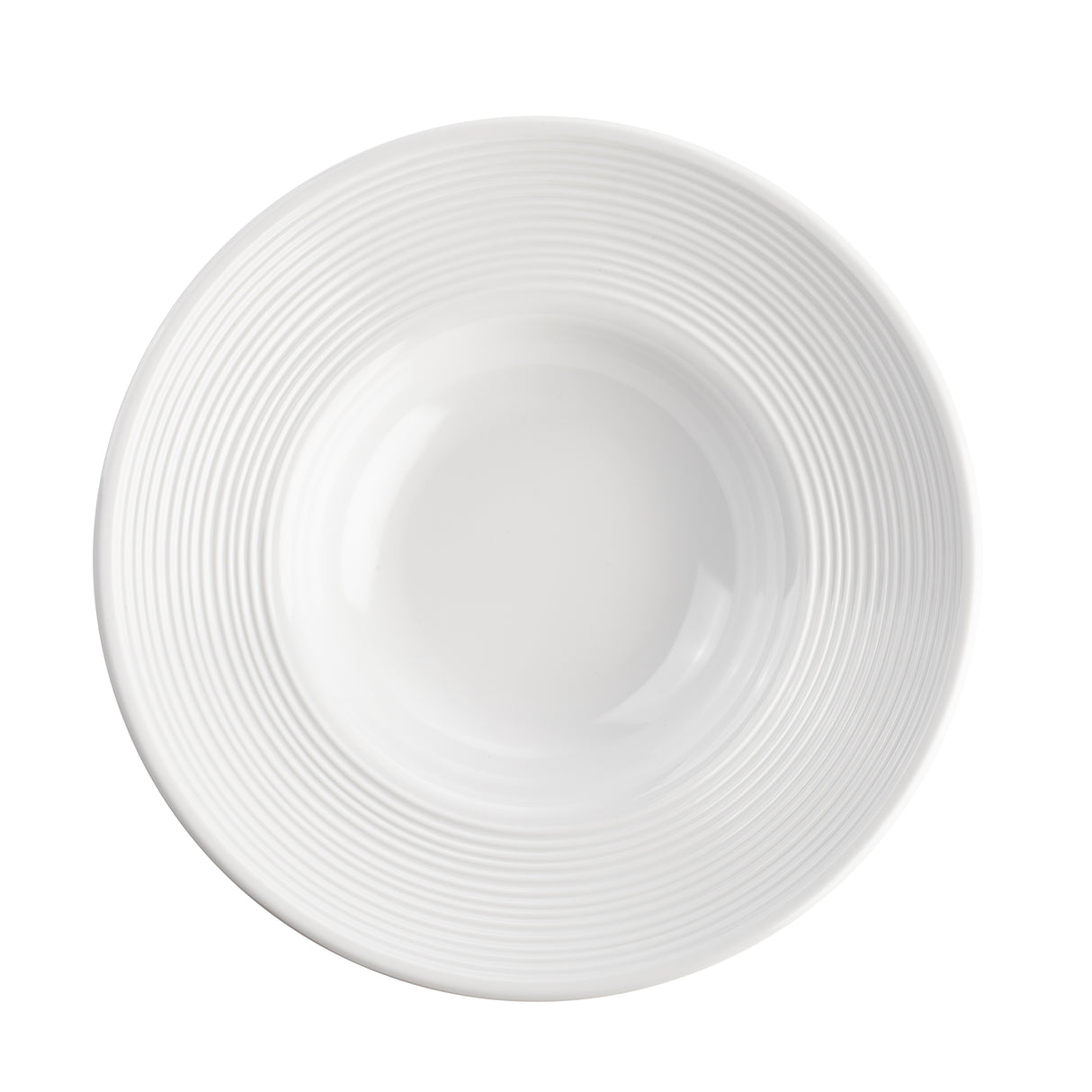 A white, round TableCraft pasta bowl seen from above. Its wide rim features evenly spaced, concentric ring patterns for a textured look, while the smooth, glossy center highlights the elegance and simplicity of this melamine design.