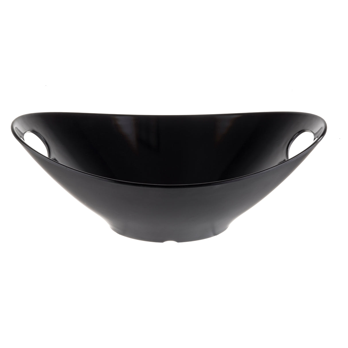 A glossy black, oval-shaped Frostone Collection serving bowl with two cutout handles. This modern, minimalist melamine serving bowl features a smooth curved surface, a small round base, and is dishwasher safe for easy cleaning.