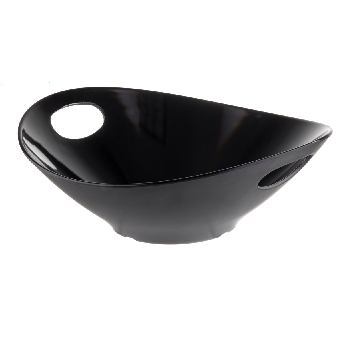 A glossy black, oval-shaped melamine serving bowl with asymmetrical, sloping sides. This modern Frostone Collection serving bowl features two circular cutout handles and a smooth, reflective surface. Dishwasher safe for easy cleaning.