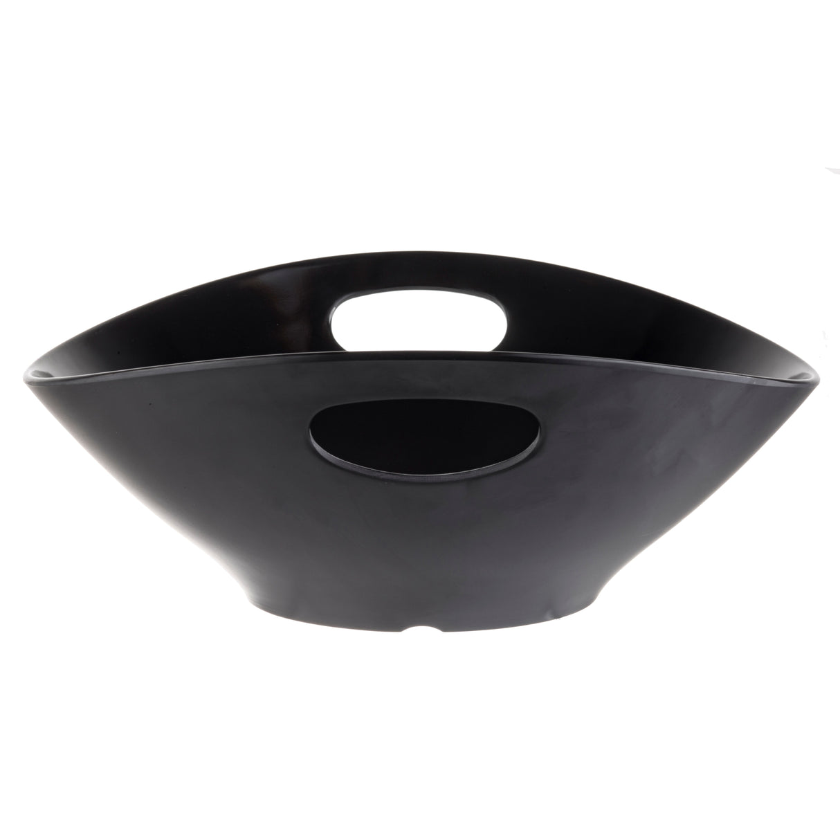 A glossy black melamine serving bowl with a wide, shallow shape and integrated oval cutout handles on opposite sides. Featuring smooth, curved lines and a modern, minimalist design, this dishwasher safe bowl sits against a plain white background.