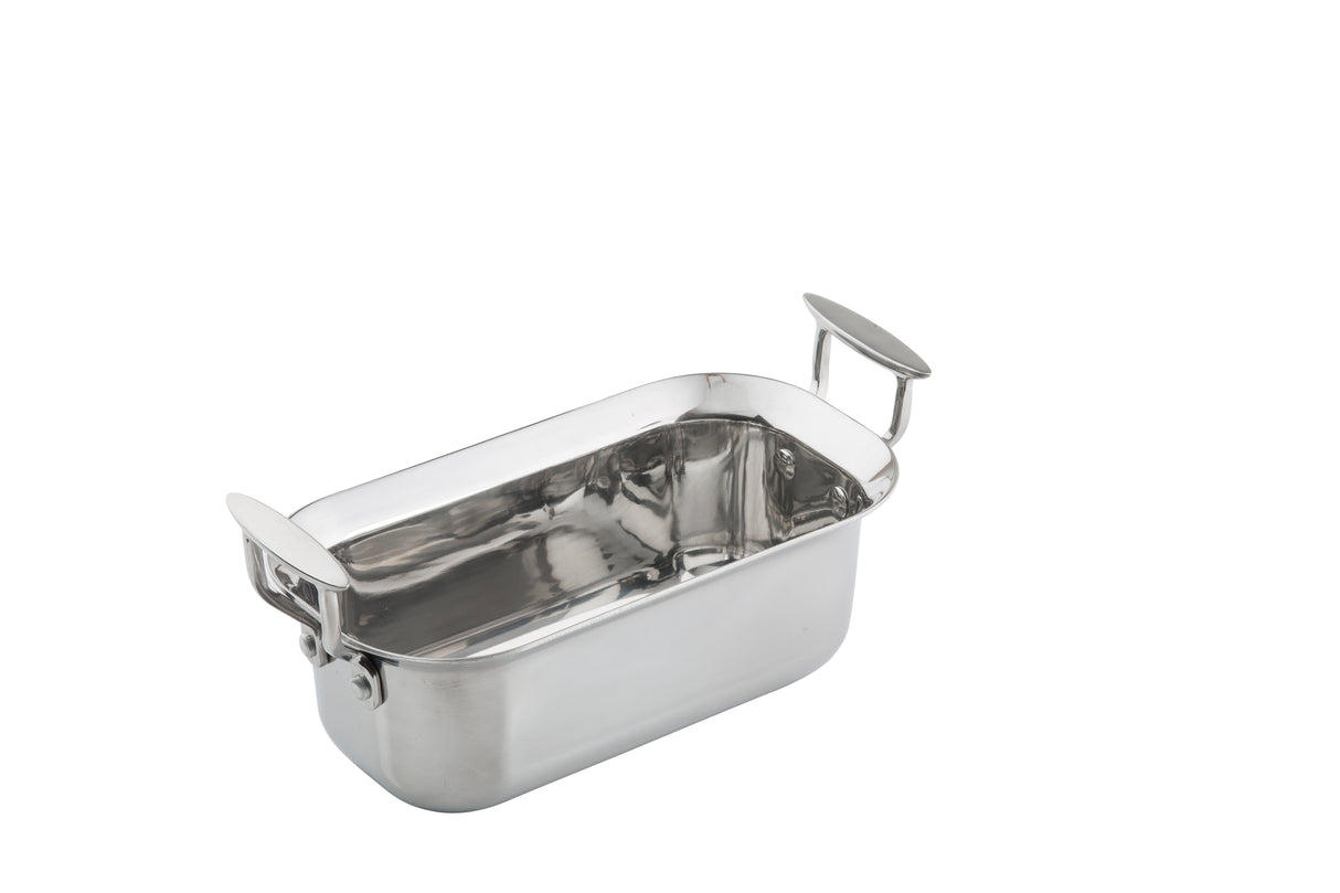 A rectangular Tri-Ply Serving Pan with rounded edges and two large, upright handles on each short side. Crafted from stainless steel, it boasts a shiny, reflective surface and is perfect for induction cooking, photographed against a plain white background.