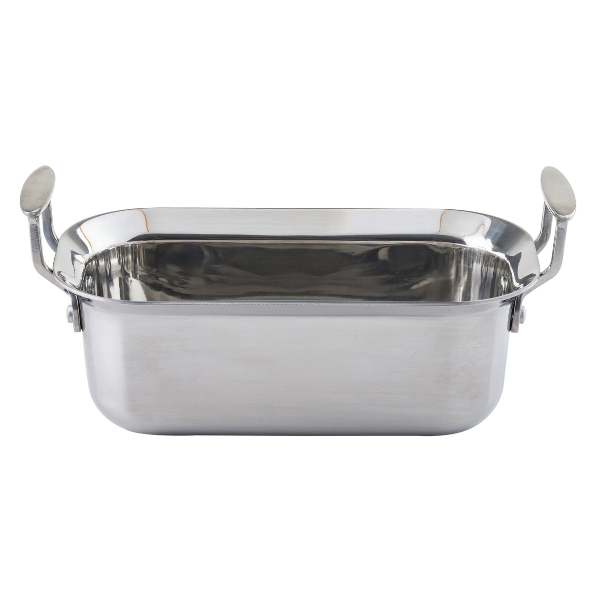 Rectangular Tri-Ply Serving Pan with rounded corners, high sides, and two large, flat, upward-curving handles. Made from stainless steel with a shiny finish, it’s induction compatible and sits empty against a plain white background.