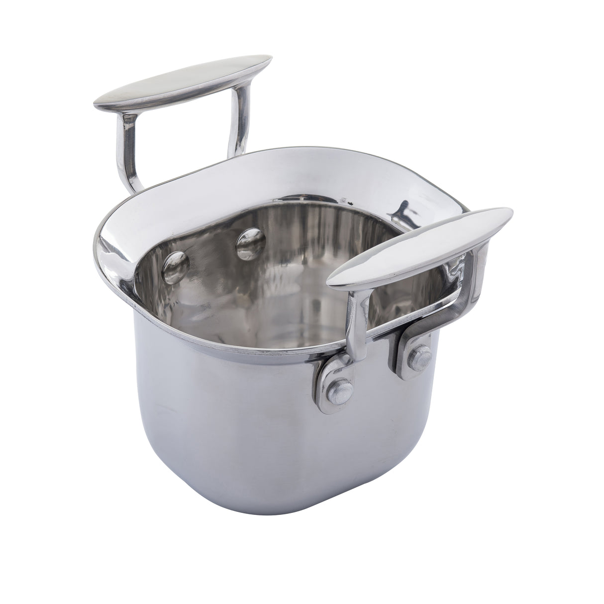 A shiny Tri-Ply Serving Pan made of stainless steel with rounded corners, two large flat handles, and a polished reflective surface. This induction-ready pot is empty and rests on a white background.