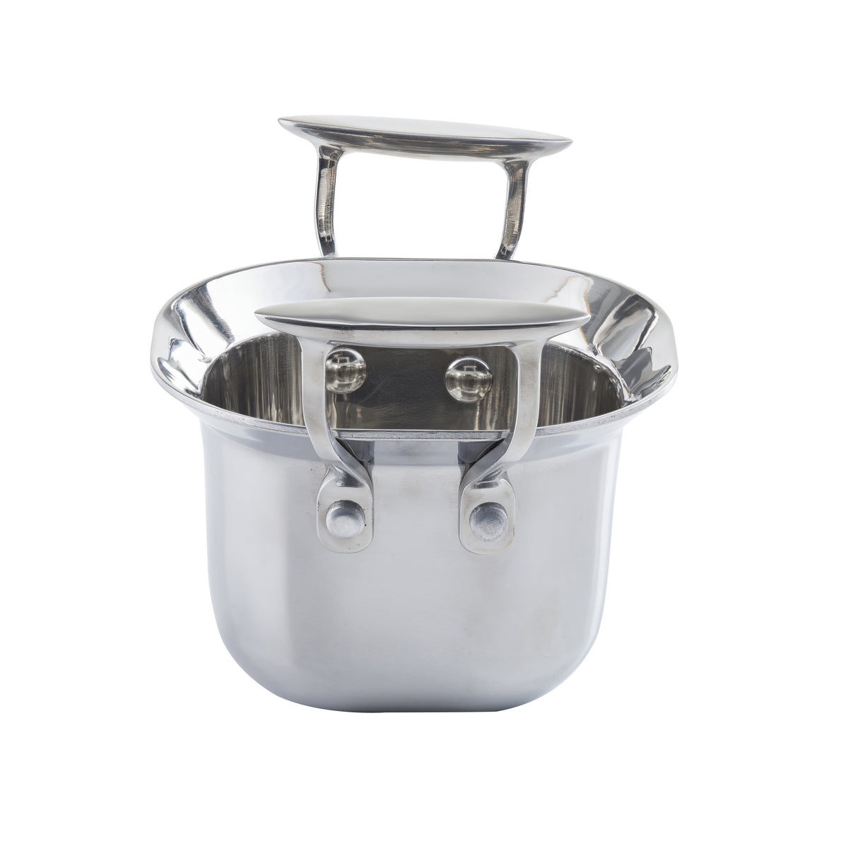 A shiny Tri-Ply Serving Pan with a rounded bottom and two handles on each side. The lid is upright, balanced on the rim, revealing the stainless steel interior, all set against a plain white background—perfect for induction cooktops.