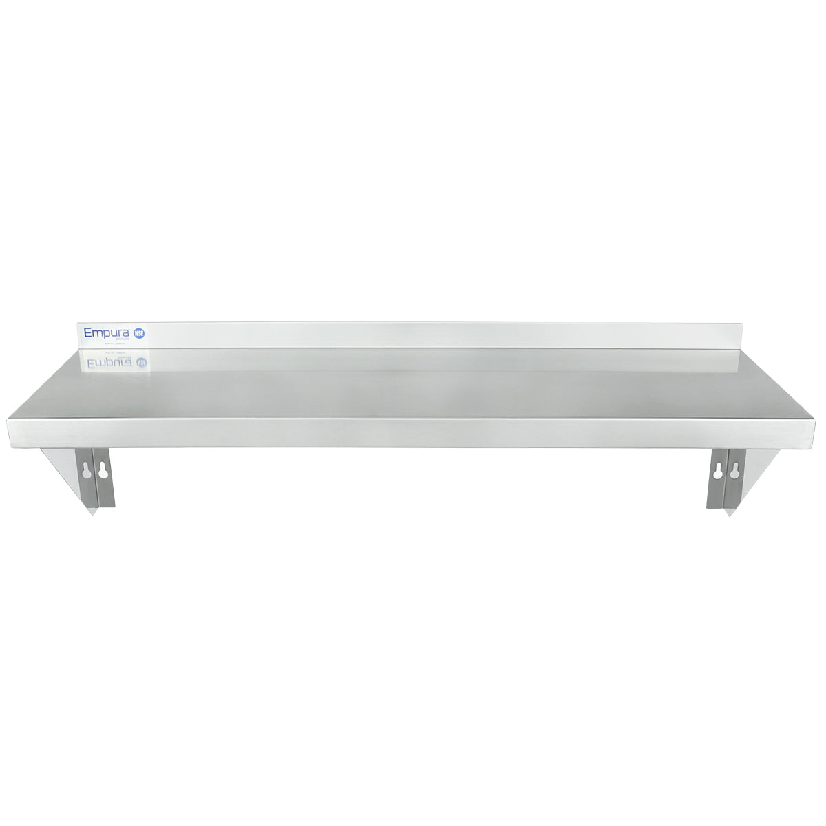 A stainless steel NSF wall mount storage shelf with a backsplash and two sturdy triangular brackets for support. The shelf is labeled Empura on the left side and features a clean, smooth surface ideal for kitchens or storage use.
