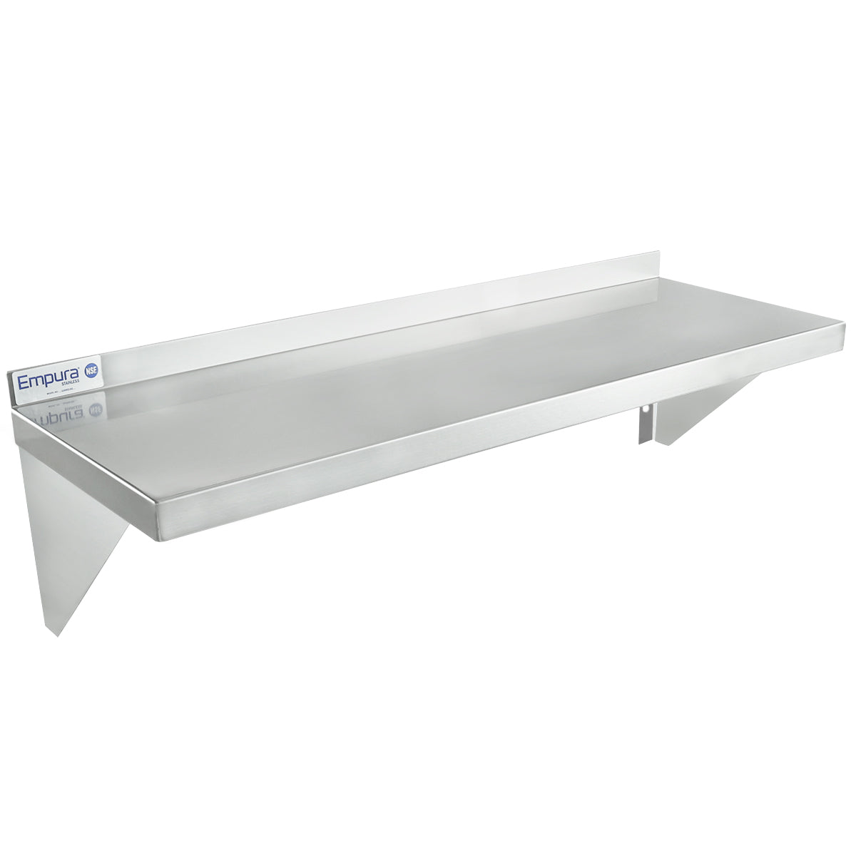 A stainless steel wall mount storage shelf with a rectangular flat surface, raised back edge, and two angled brackets for support underneath. NSF certified and labeled Empura in the top left corner. Plain white background.