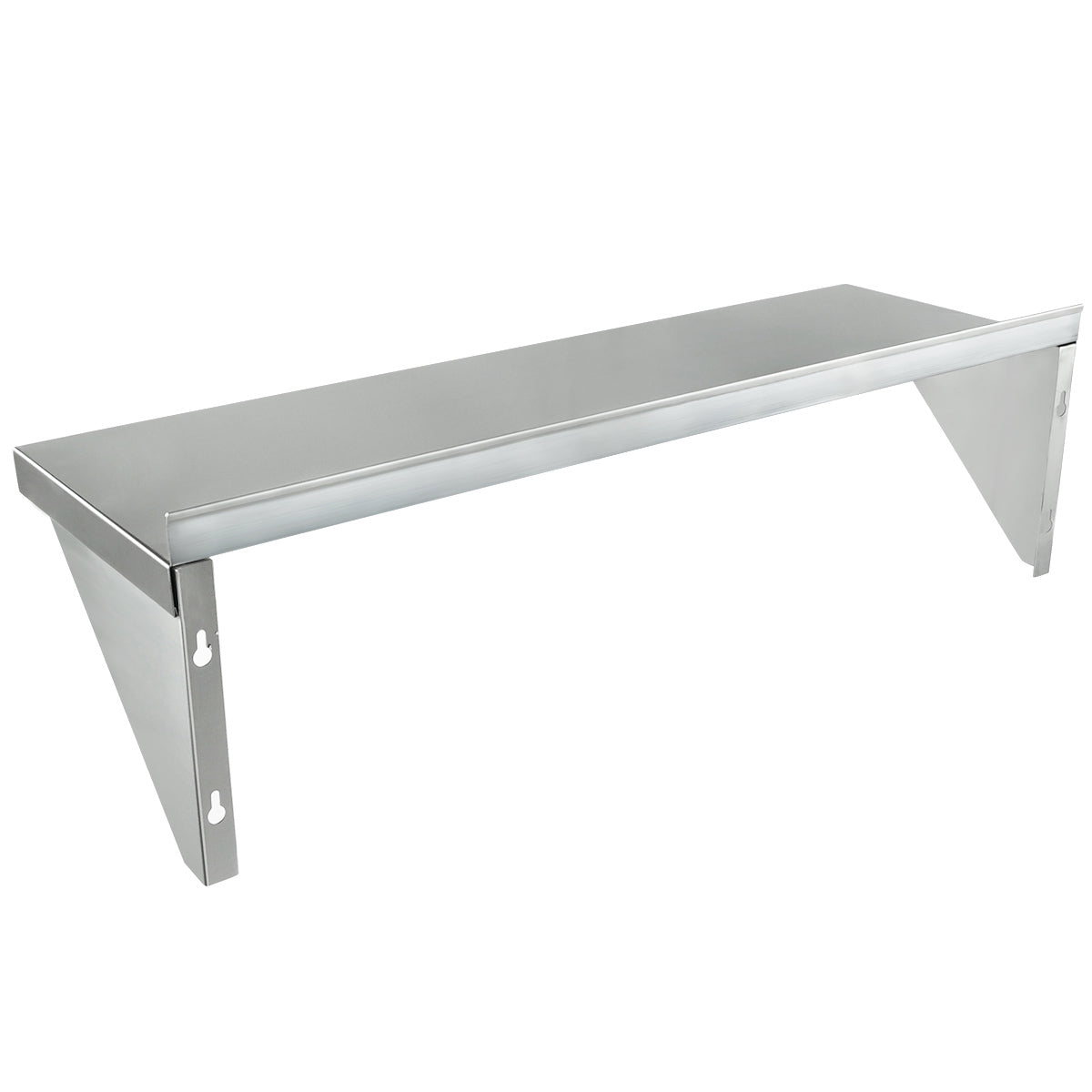A stainless steel wall-mounted shelf with a flat rectangular surface and two sturdy triangular brackets for support, set against a plain white background. This NSF wall mount storage shelf offers a minimalistic, utilitarian design ideal for kitchens or storage areas.
