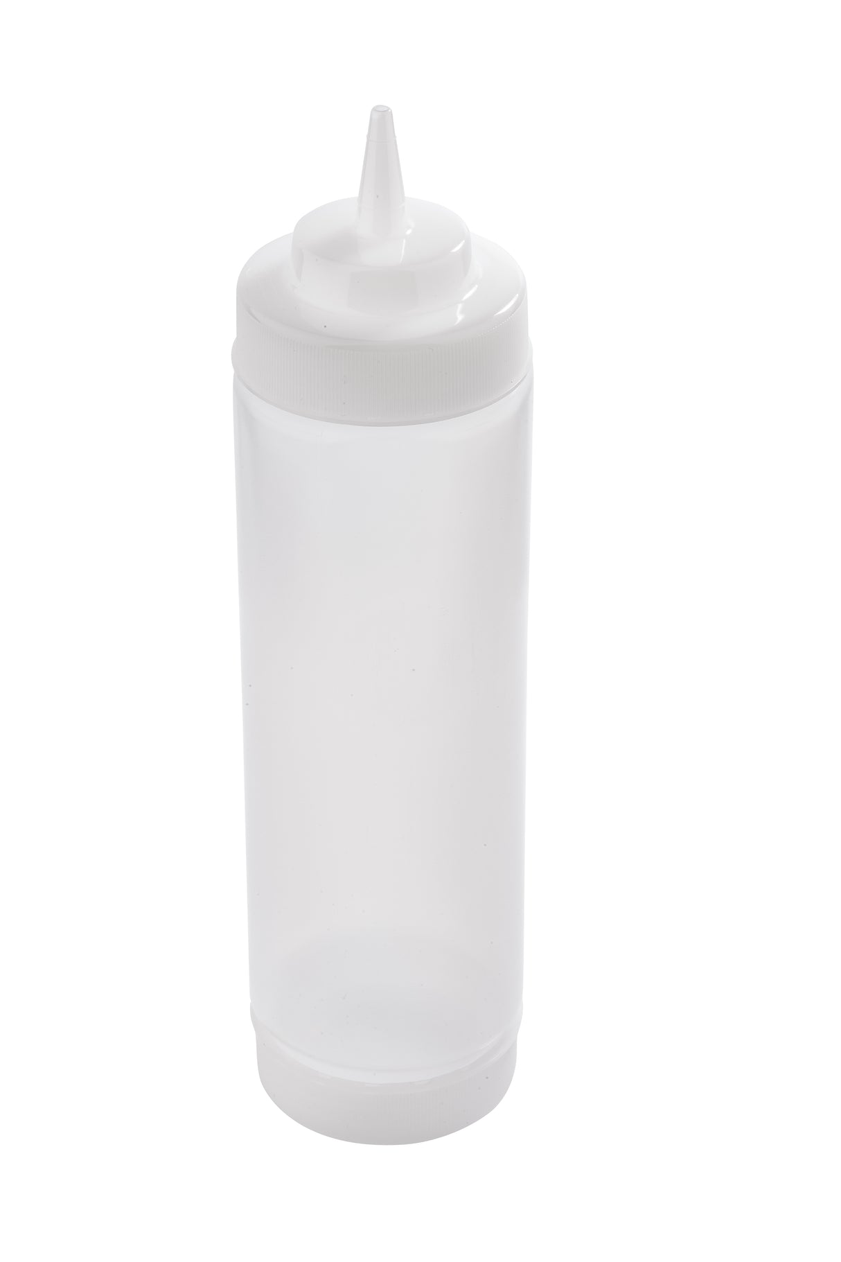 A clear, empty 24 oz WideMouth Squeeze Bottle with a white screw-on lid and pointed nozzle tip, positioned upright against a plain white background. This dishwasher safe squeeze bottle is perfect for easy refilling and cleaning.