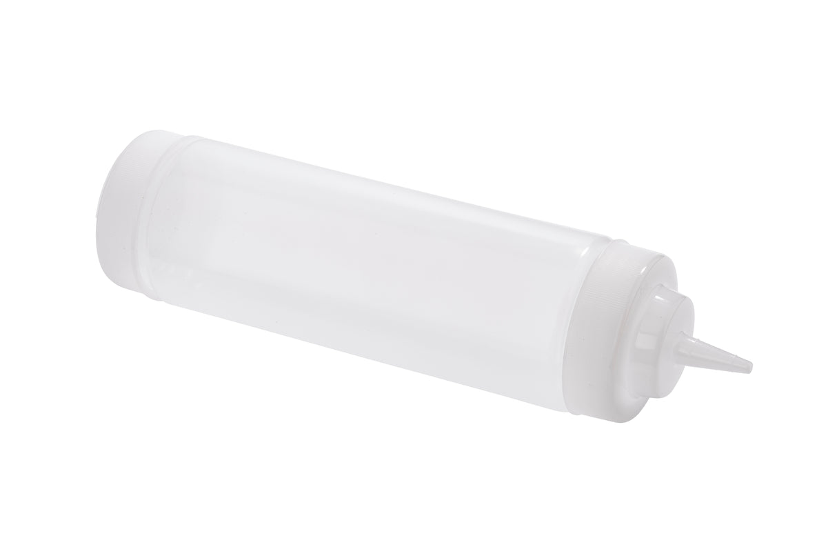 A clear, empty, plastic 24 oz squeeze bottle with a white pointed nozzle cap lies horizontally on a white background. The cylindrical bottle with smooth sides is dishwasher safe and commonly used for condiments or sauces.