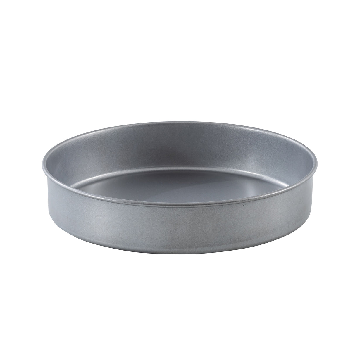 A plain, round aluminized steel cake pan with smooth sides and a flat base, shown empty against a white background. The pan features a shiny, silver surface and is designed for baking cakes or similar baked goods.