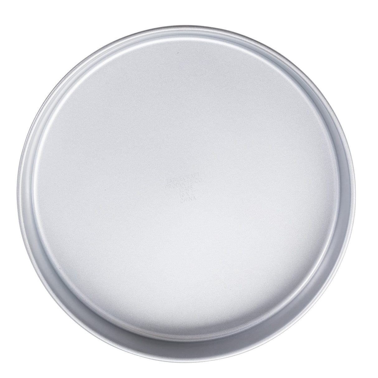 A round, silver-colored aluminized steel cake pan with smooth edges and a flat base, viewed from above against a white background. The plain, non-stick pan is commonly used for baking cakes or pizzas.