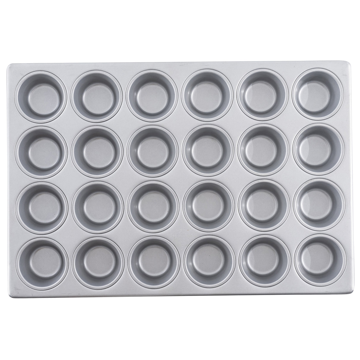 A rectangular non-stick cupcake pan with 24 round cups arranged in a 4 by 6 grid, viewed from above on a white background. The muffin pan is empty and clean.