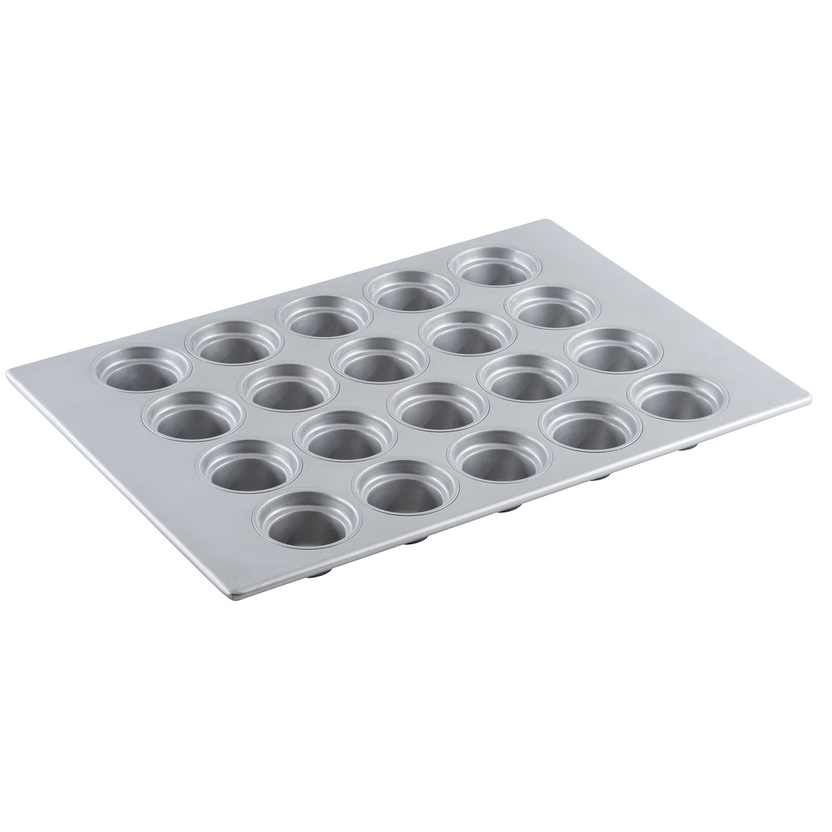 A silver silicone glazed non-stick mini muffin pan with 24 round wells arranged in a 4 by 6 grid, designed for baking small cupcakes or muffins; the pan is angled on a white background.
