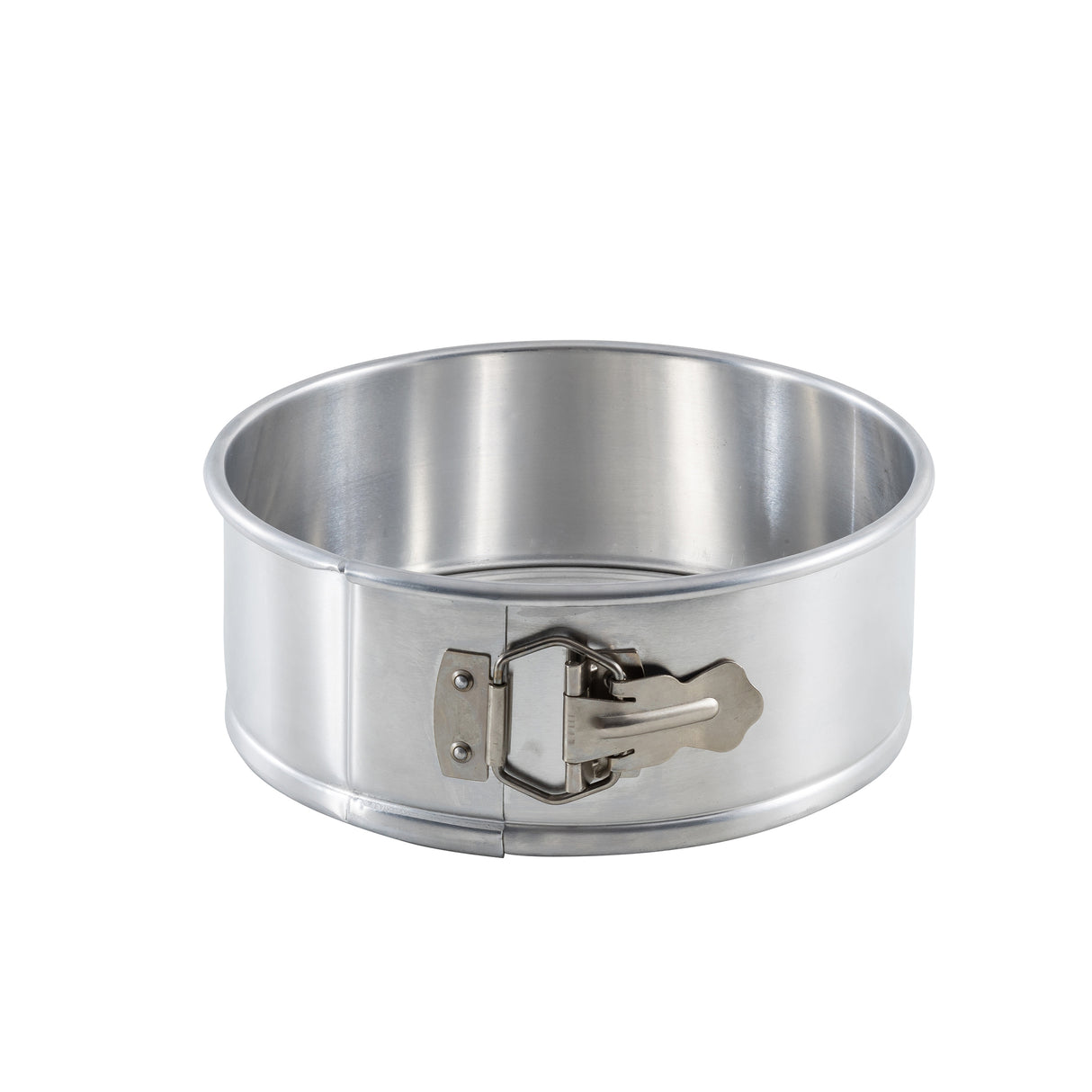 An 8.5 inch springform pan with smooth sides and a shiny, reflective surface features a latch on the side for easy release. This round aluminum pan is shown against a plain white background.