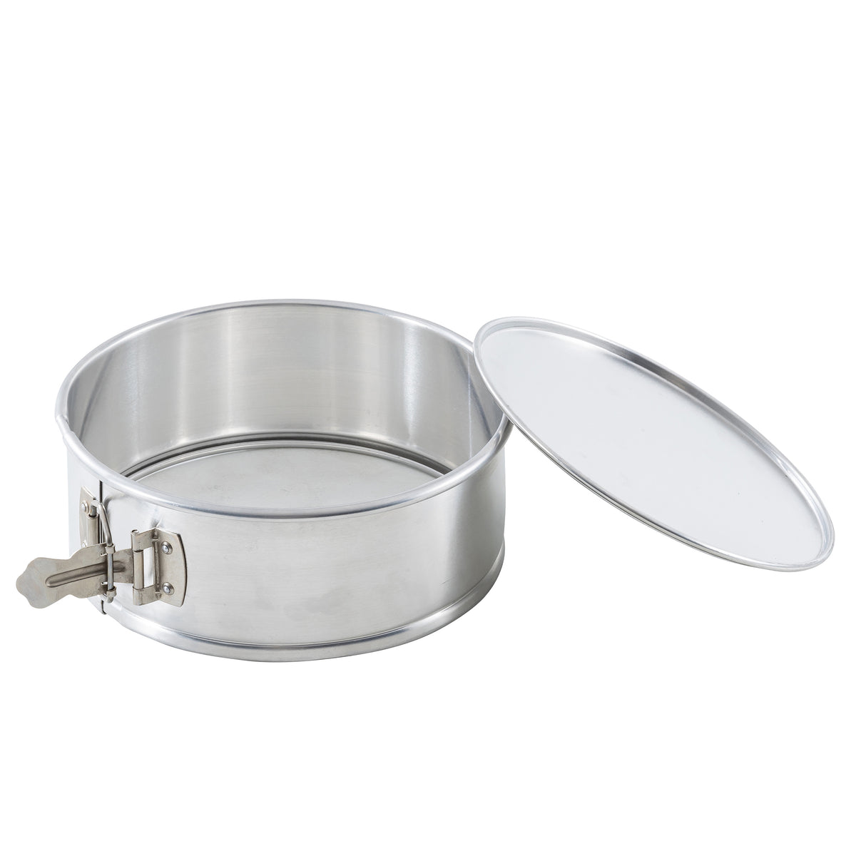 An 8.5 inch springform pan made of stainless steel sits open, with its separate lid resting at an angle beside it. The container features smooth sides and a slightly raised base, ideal for food storage or baking.