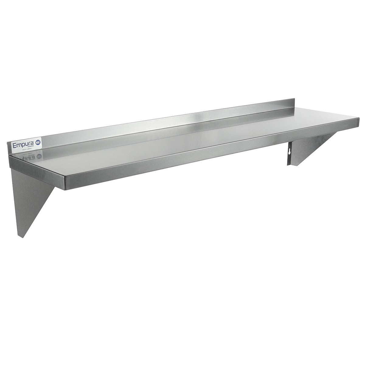 A stainless steel shelf with two triangular support brackets and a raised back edge. NSF certified, this wall mount storage shelf features a polished surface and an Empura brand label, making it ideal for commercial or kitchen use.