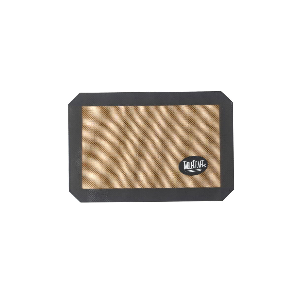 A rectangular tan-colored silicone baking mat with a black border and angled corners is centered on a white background. A logo reading “TableCraft” appears in the lower right corner of the quarter size mat, which has a textured surface.