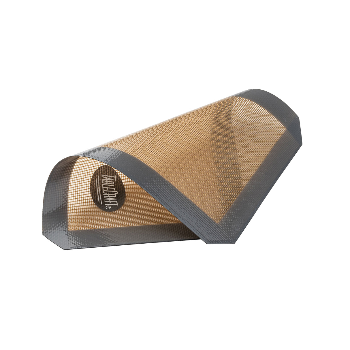 A brown and black non-stick silicone baking mat, partially rolled into a tube shape, features a mesh texture and "Half Size" printed in white in one corner. The edges are reinforced with a dark border, similar to some quarter size mats.