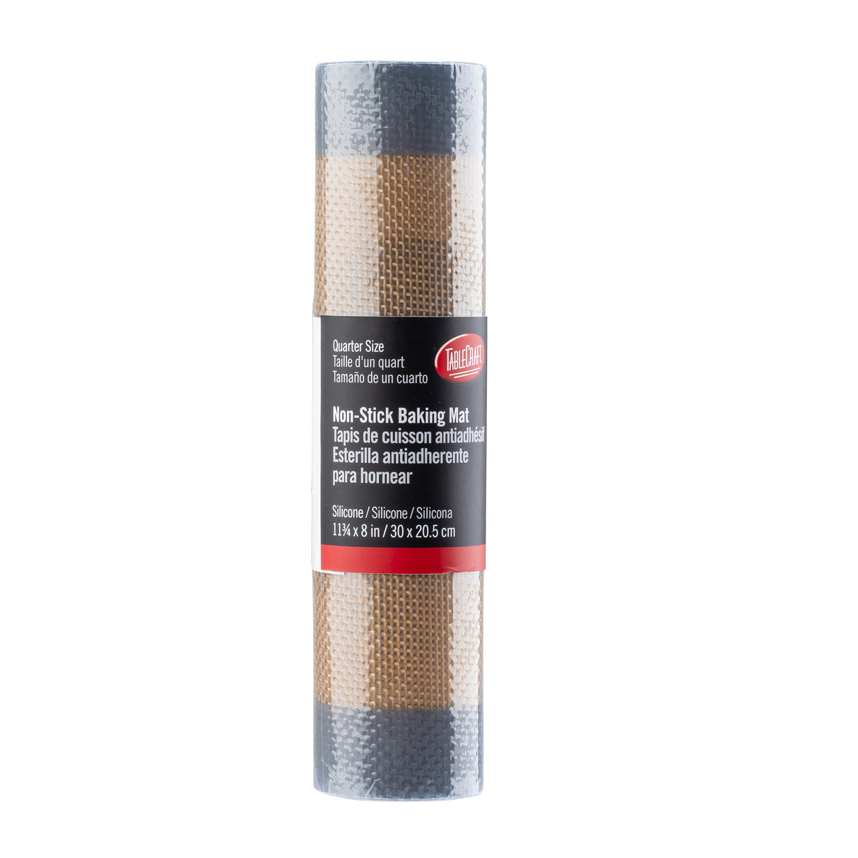 A rolled-up, tan and gray quarter size silicone baking mat is shown upright with clear plastic wrap. The label reads “Non-Stick Baking Mat, 11.8 x 8 in, Silicone” in English, French, and Spanish, on a black and red background.
