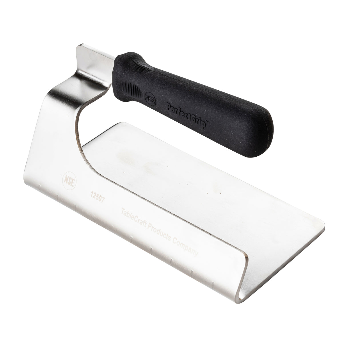 A rectangular metal grill scraper with a wide, flat blade and an upright black plastic handle, designed for scraping or pressing food on a grill. The NSF-certified PerfectGrip Steak Weight branding is faintly engraved on the blade.