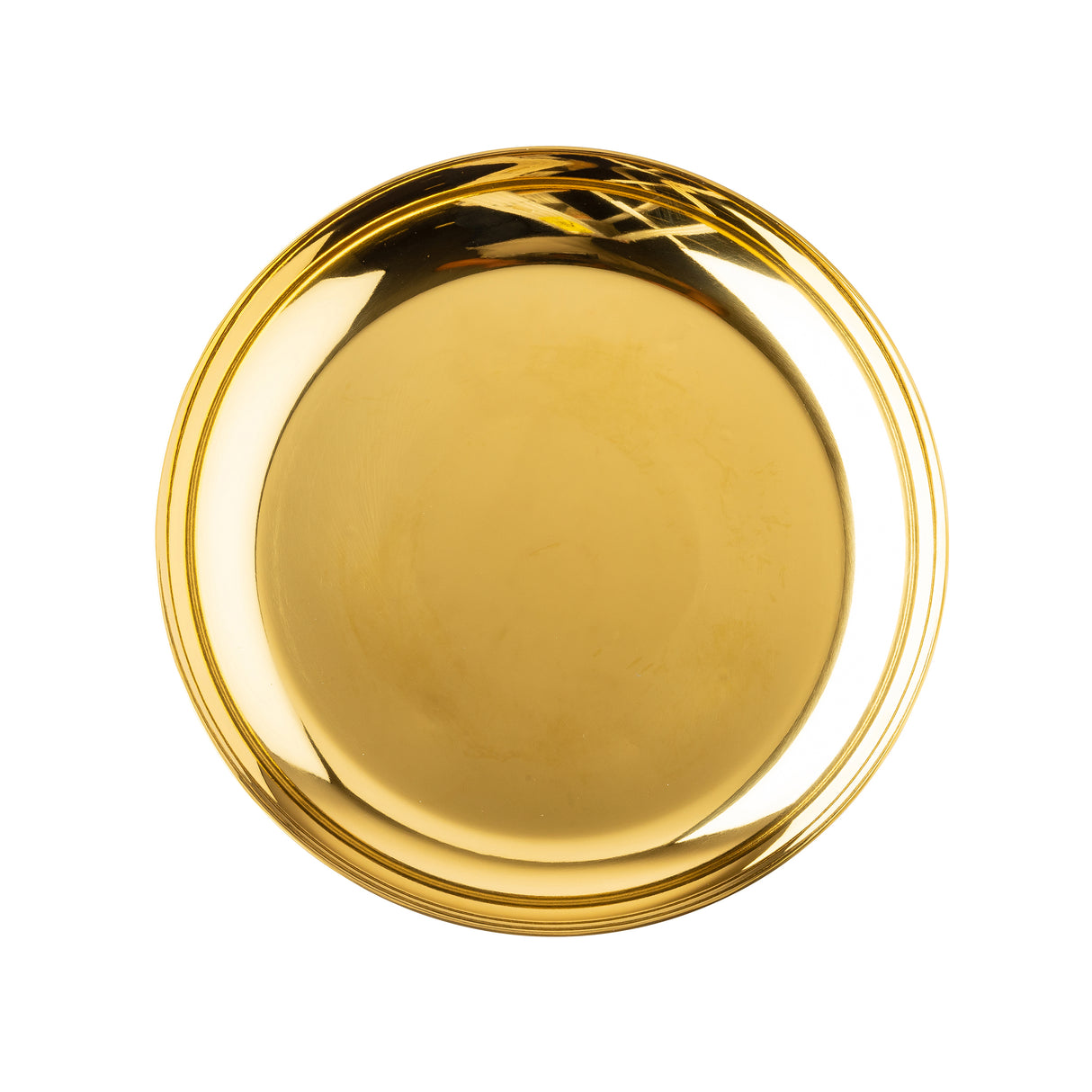 A shiny, round, golden plate is shown from above against a white background. Its smooth, reflective surface and subtle curved reflections evoke the polished elegance of a stainless steel seafood tower or replacement bowl.