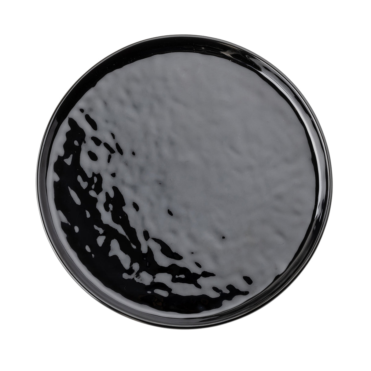 A black, round Ridge Collection Serving Plate with a glossy, slightly textured surface. Photographed from above on a white background, the plate highlights its smooth edges and subtle indentations across the surface.