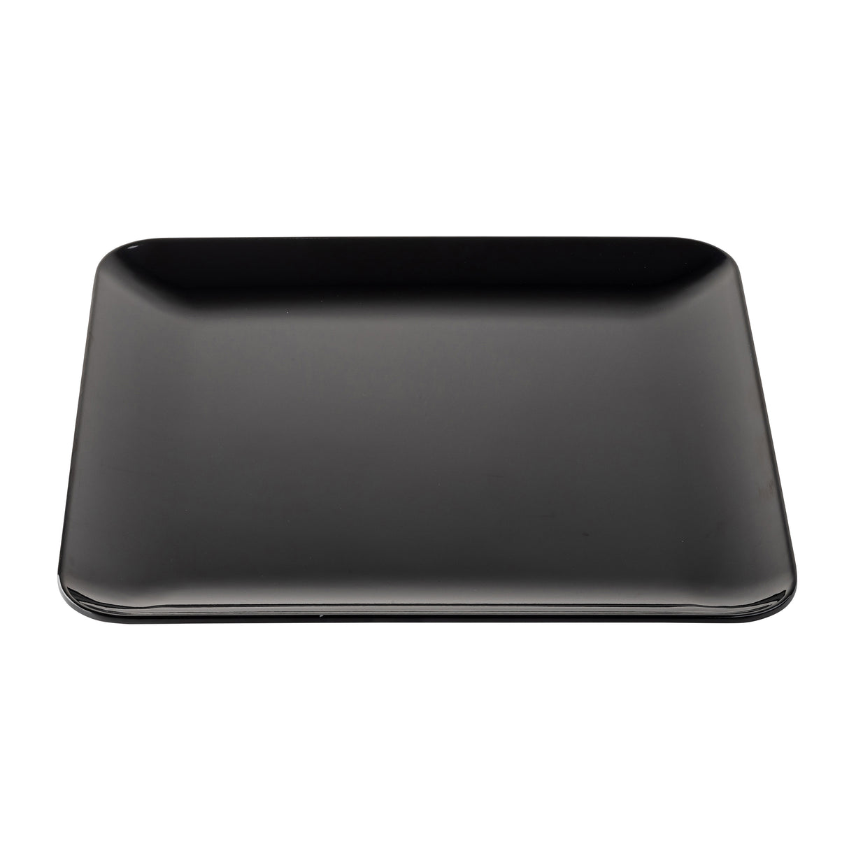 A sleek, glossy black Serving Platter from the Sierra Collection by TableCraft is featured on a white background. Its rectangular shape with rounded corners and smooth, reflective surface offers a modern, minimalist appeal.