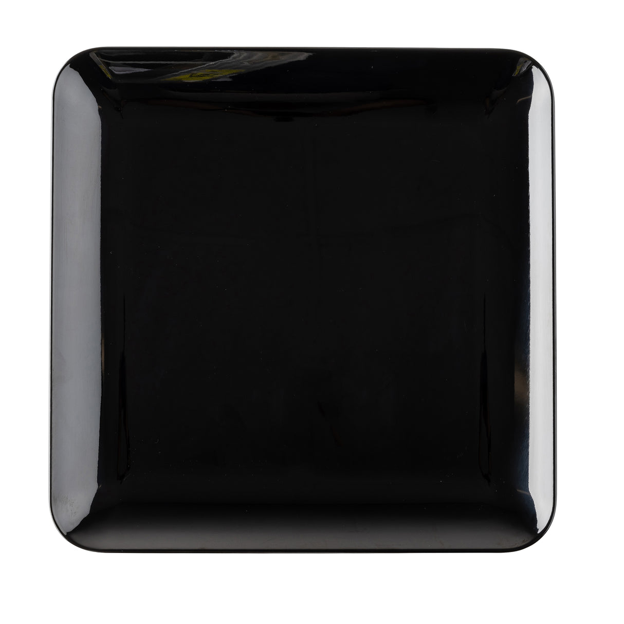 A glossy, black, square-shaped serving platter from the TableCraft Sierra Collection is centered on a white background. The plate’s smooth, slightly raised edges and reflective surface give it a sleek, modern appearance.