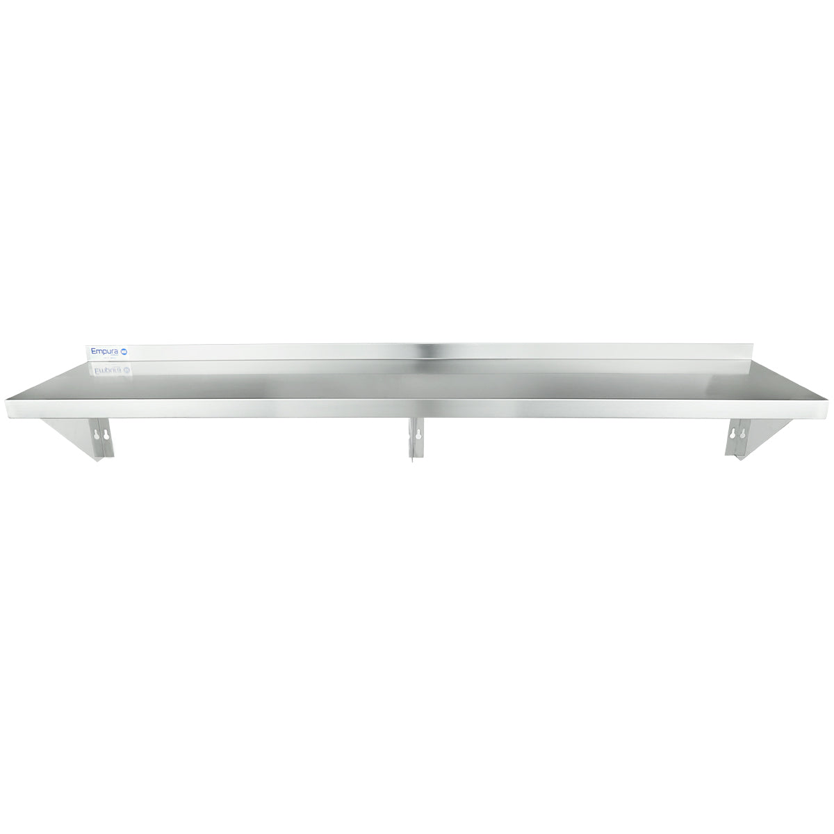 A long, NSF certified stainless steel shelf with a raised back edge and three triangular support brackets. This wall mount storage shelf features a smooth, reflective surface and is mounted horizontally against a plain white background.