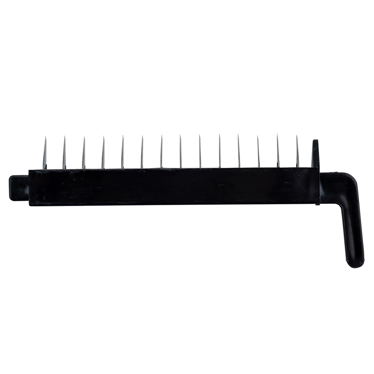 A black plastic handle with ten evenly spaced, sharp, vertical stainless steel prongs sticking out from its long side; the handle forms a right angle for easy gripping. The object is isolated on a white background. Ideal as part of a Mandoline Slicer Set.